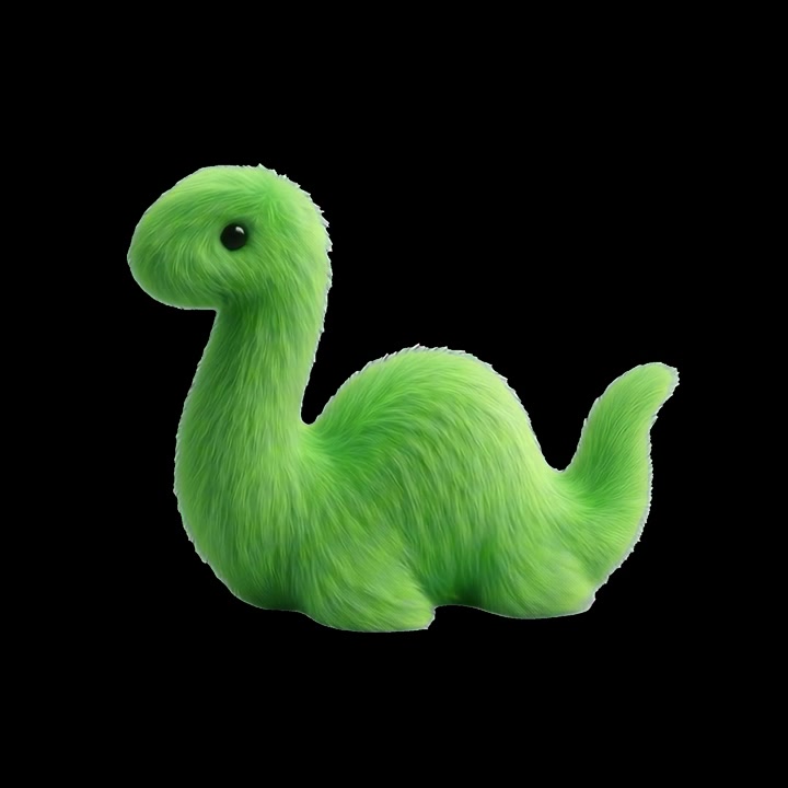 Brinquedo de dinossauro verde fofo e peludo em fundo preto