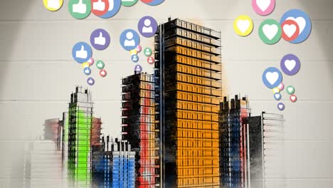 animación de múltiples iconos de redes sociales digitales coloridos que vuelan sobre el paisaje urbano