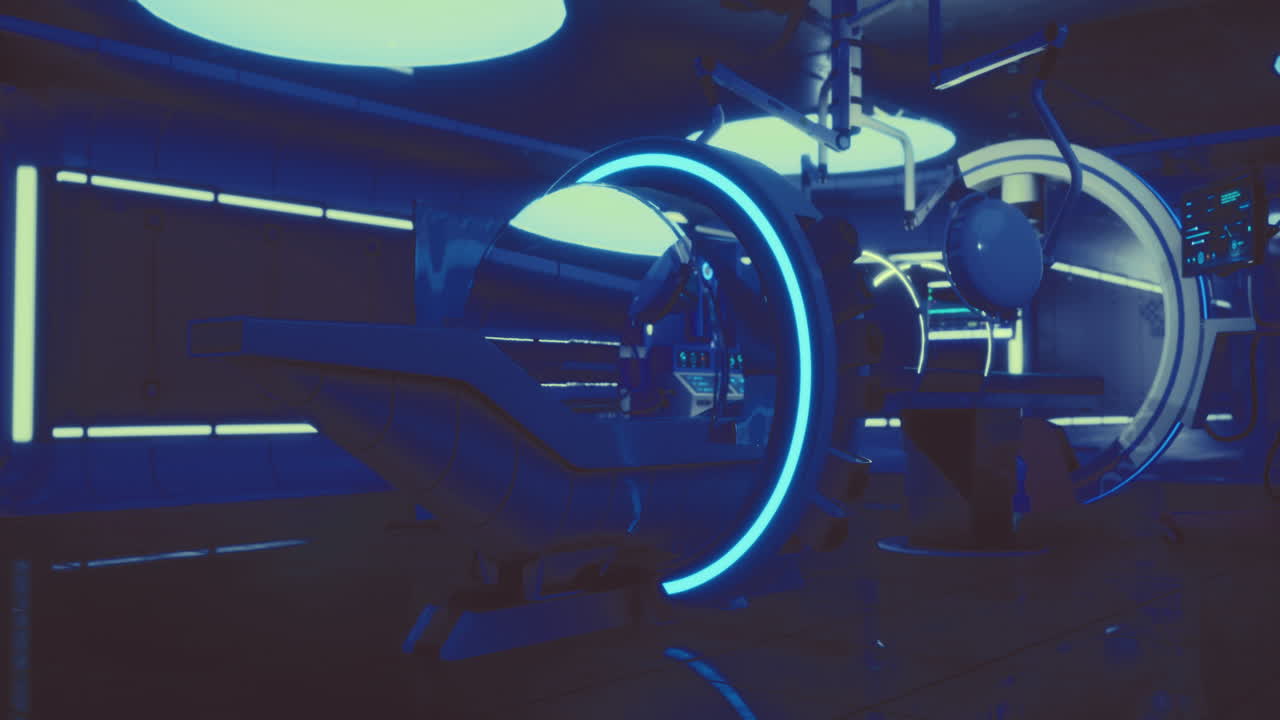 Futuristic medical facility with blue lighting and advanced technology