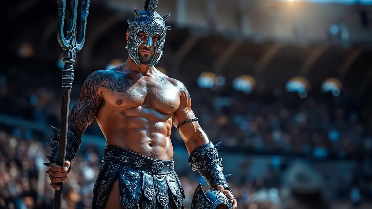 A shirtless man in a spartan costume holding a spear in front of a crowd