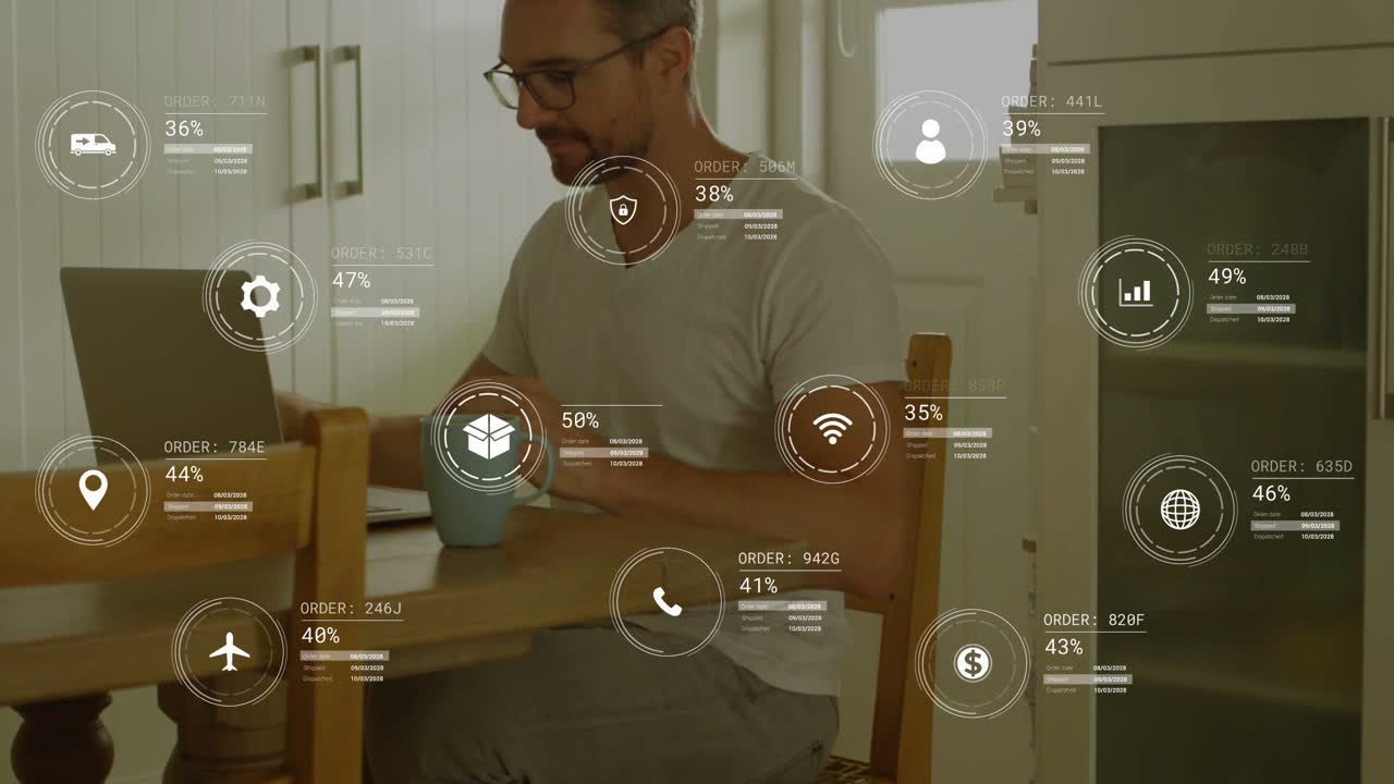 Mature man typing at laptop, reaching for mug, animated HUD tracking finance and delivery progress