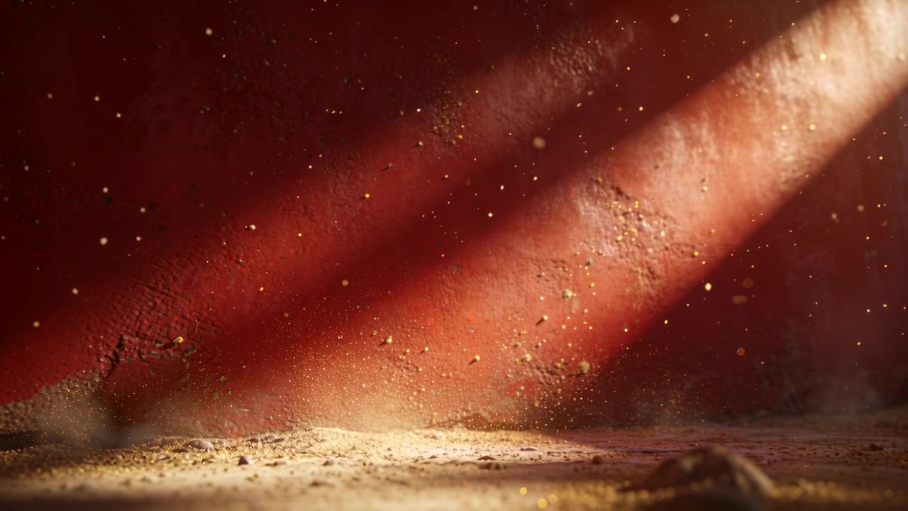 Shifting slanted sunbeams entering from right, lighting dusty red wall corner and drifting motes