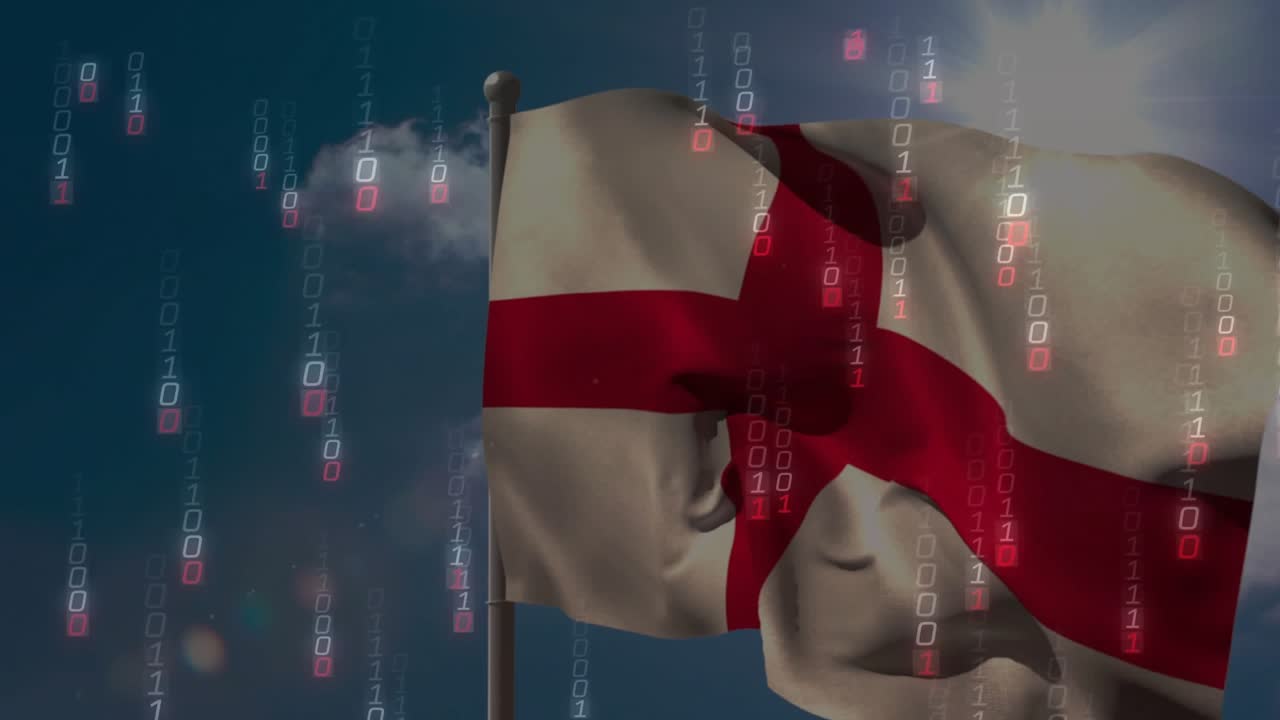 Gusts moving mounted flag with red cross billowing while binary glyphs falling, showing wind data