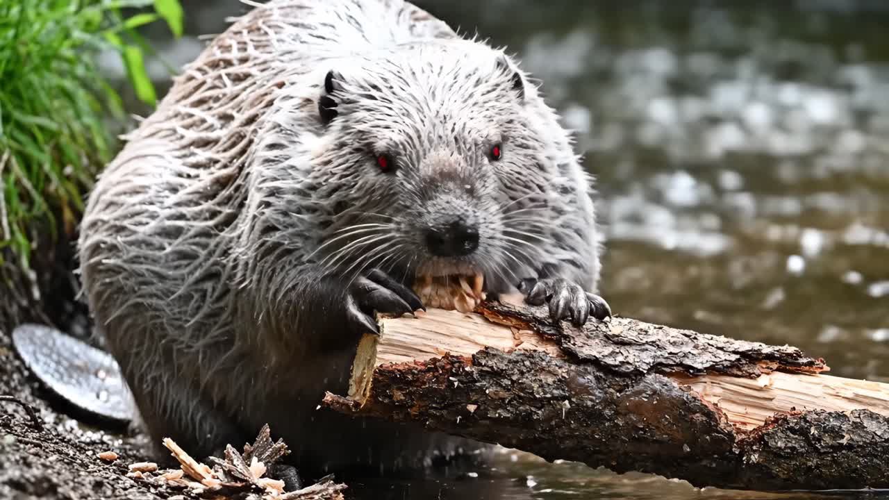 Beaver gnawing on a log in the water