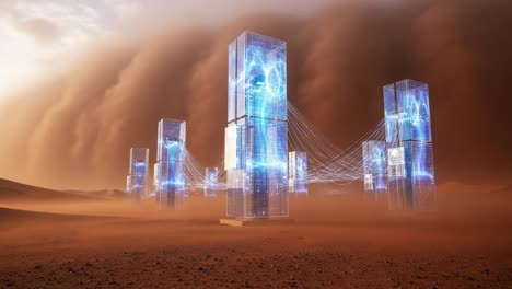 a stunning visual of futuristic towers with glowing connections amidst a dust storm, showcasing the intersection of technology and nature in an otherworldly landscape