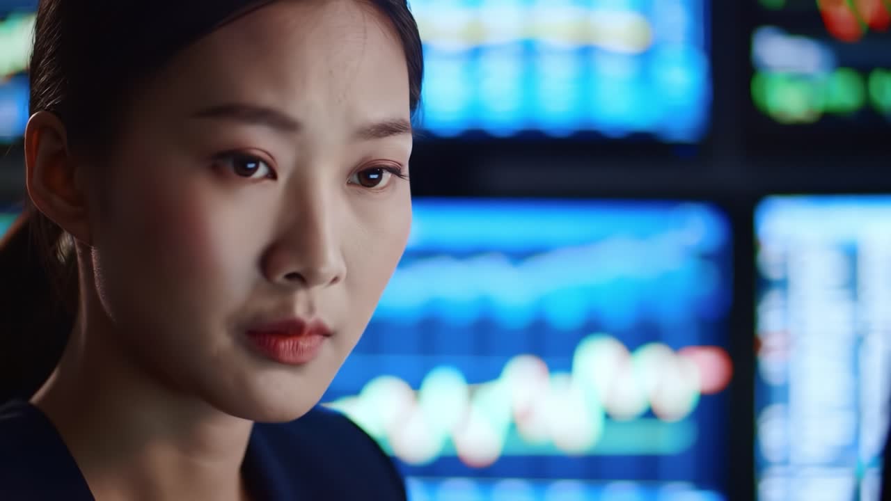 A dedicated analyst carefully examines data and trends on multiple screens. The bustling atmosphere of the financial district adds urgency to her work, highlighting the pressure of decision-making.