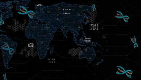 Animation-of-graphs,-dna-and-world-map-on-black-background