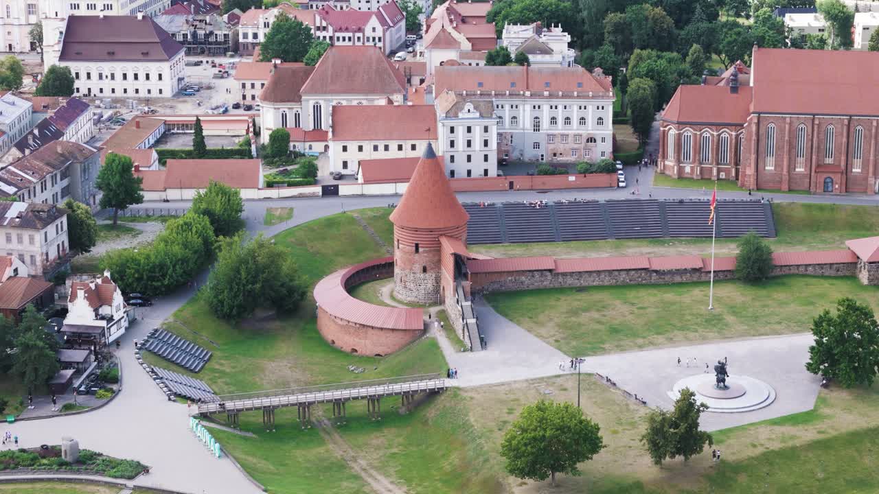 Iconic Kaunas city castle and old town, aerial drone view
