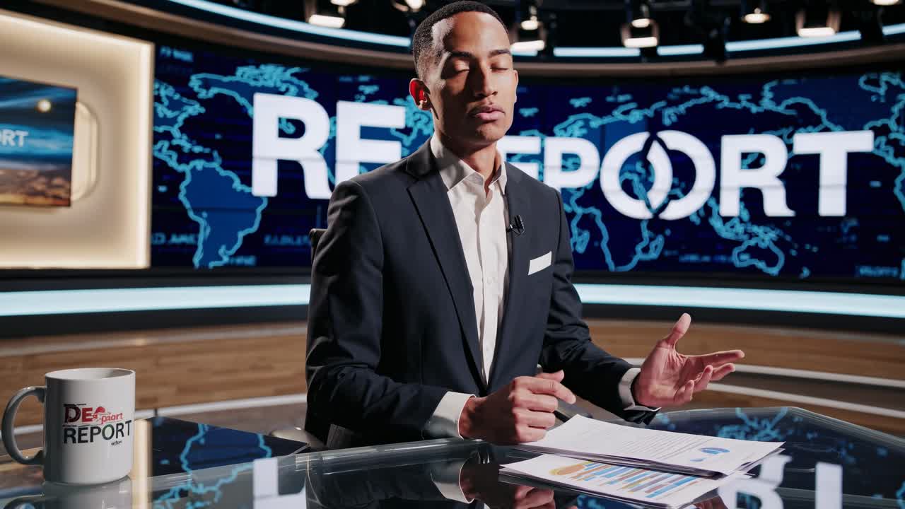 A news anchor sits at a desk in a modern studio with world map screens