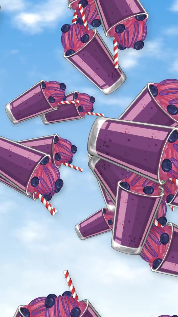 Cartoon blueberry milkshakes with whipped cream and straws fall against a sunny sky background.