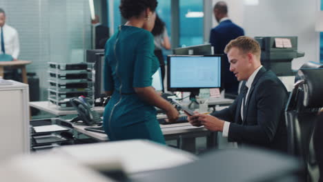 document, business woman and stock market employee