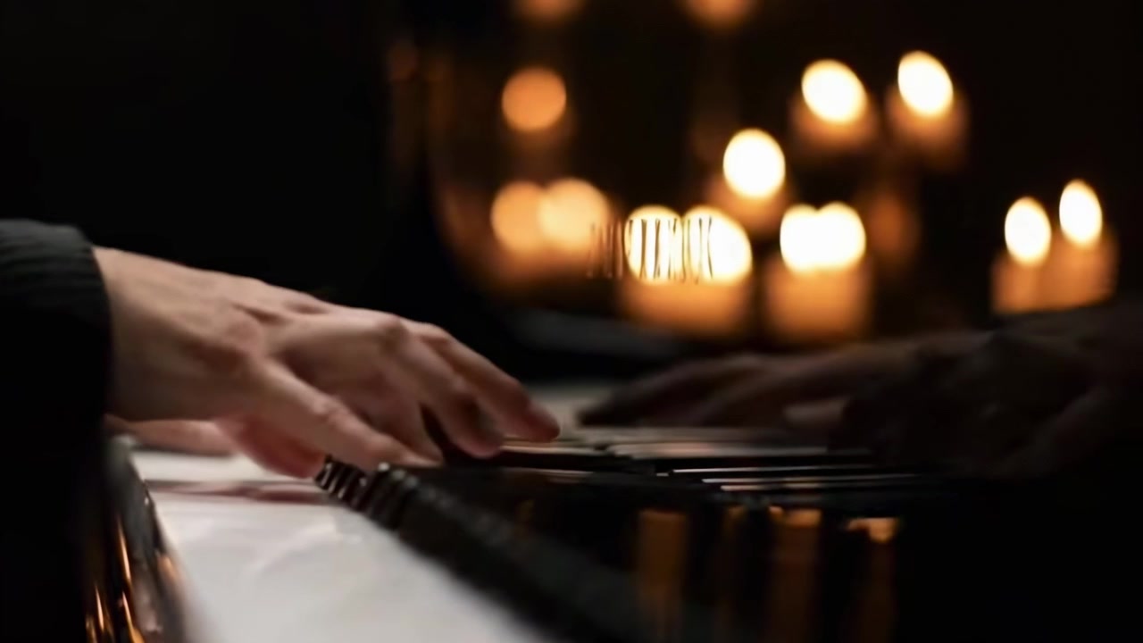 Pianist Playing Grand Piano in Candlelit Room