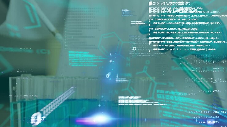 Animation of scientific data processing over male scientist in laboratory