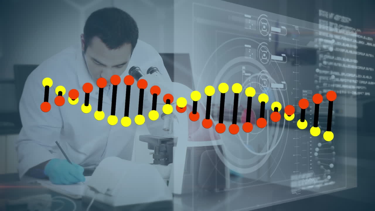Animation of data processing and dna strand over biracial male scientist