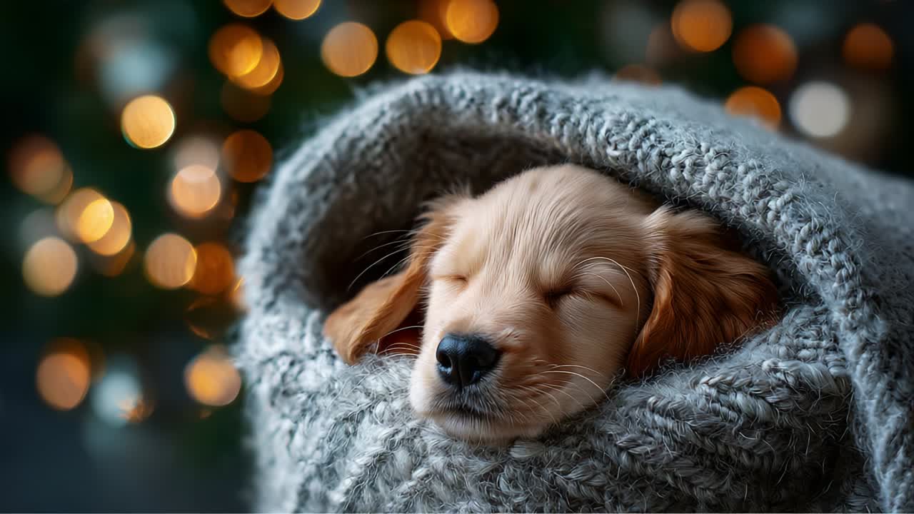 A Cozy Golden Retriever Puppy Snuggled in a Soft Gray Blanket, Peacefully Sleeping Amidst a Beautifully Decorated Bokeh Background, Radiating Warmth and Contentment in a Homely Atmosphere