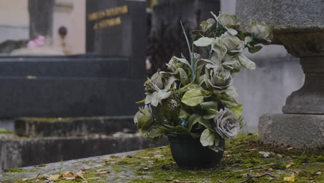 beautiful roses in a flower pot on top of a grave a rainy day in pere lachaise cemetary