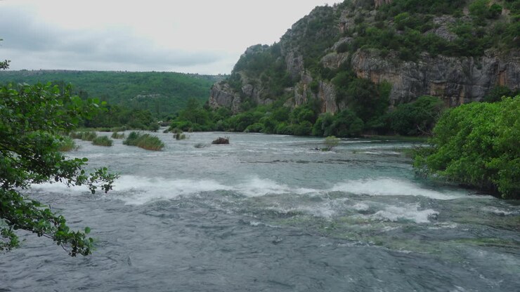 Cascate nel Parco del Krka con cespugli che affiorano dall'acqua.