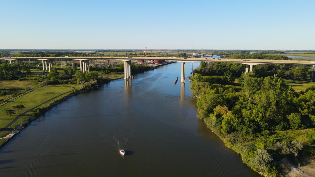 Zilwaukee Bridge over vast Saginaw River, Michigan, aerial view