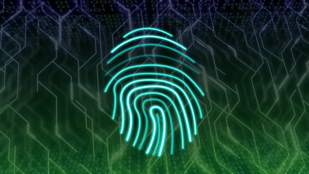 animación de huellas digitales a través de una red de conexiones y codificación binaria.