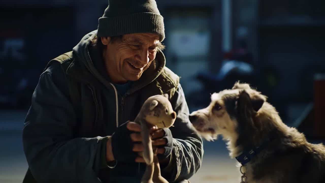 A Heartwarming Moment Between a Man and His Dog, Sharing Joy and Playfulness as They Bond Over a Favorite Toy in a Gentle, Sunlit Setting