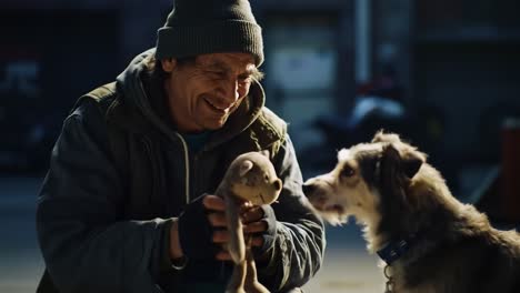 a heartwarming moment between a man and his dog, sharing joy and playfulness as they bond over a favorite toy in a gentle, sunlit setting
