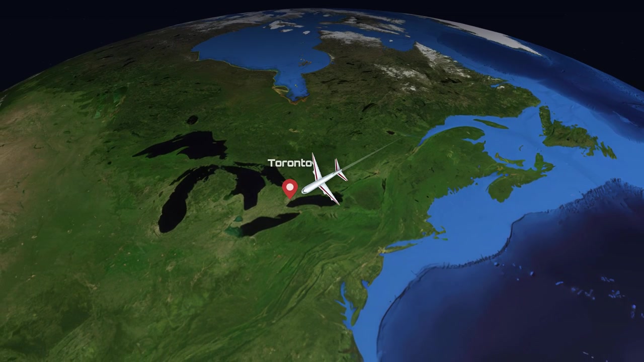 Satellite view animation follows a commercial airplane flying from Munich across the Atlantic to Toronto