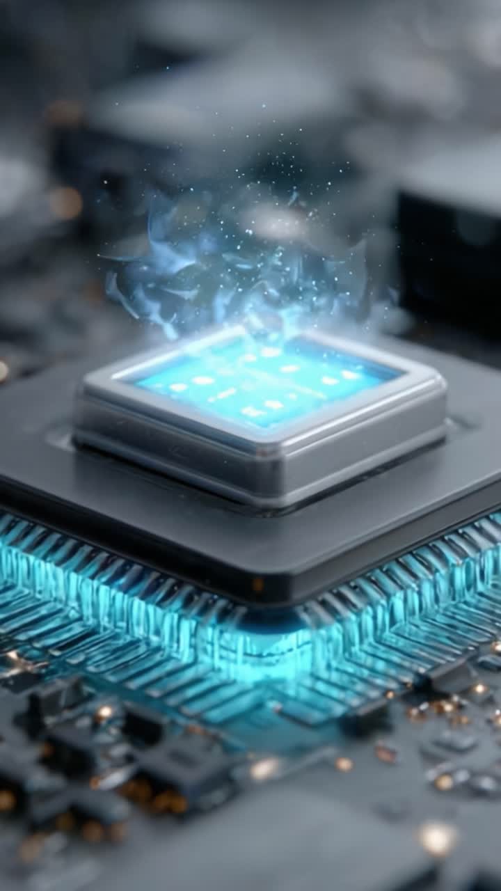 En avanceret mikrochip udsender en fængslende glød, der demonstrerer banebrydende teknologi med dampspor, og illustrerer samspillet mellem varme og innovation inden for elektronik.