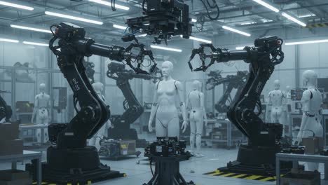 advanced robotic factory setting with automated arms working on human-like mannequins in a high-tech environment reflecting tomorrow's manufacturing possibilities