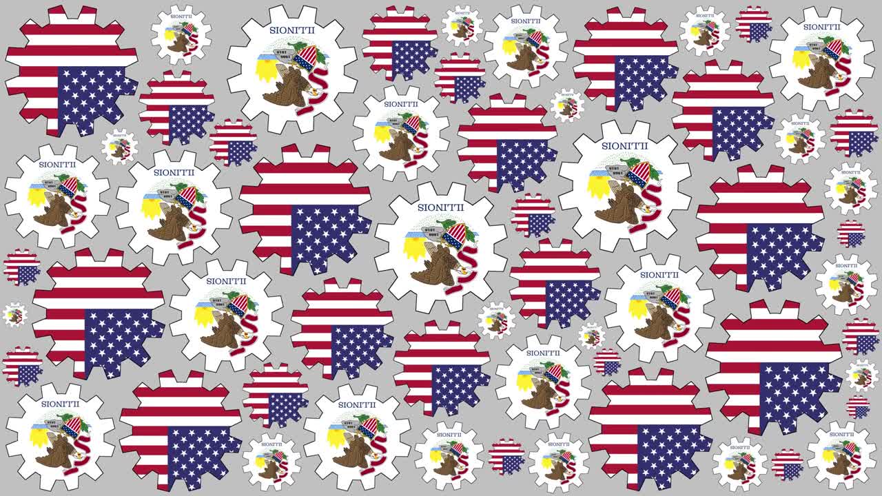 y la bandera estadounidense de illinois engranajes girando fondo