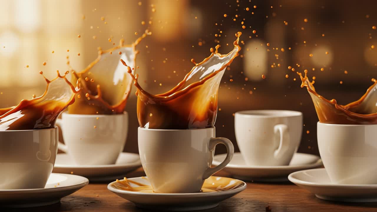 Captivating Moments of Coffee Splashing: A Stunning Display of Dynamic Motion and Flavor in a Cozy Cafe Setting