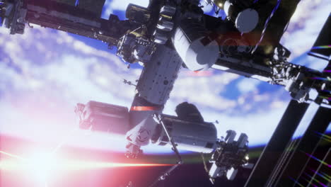 astronauts conducting repairs on a space station above earth at sunset