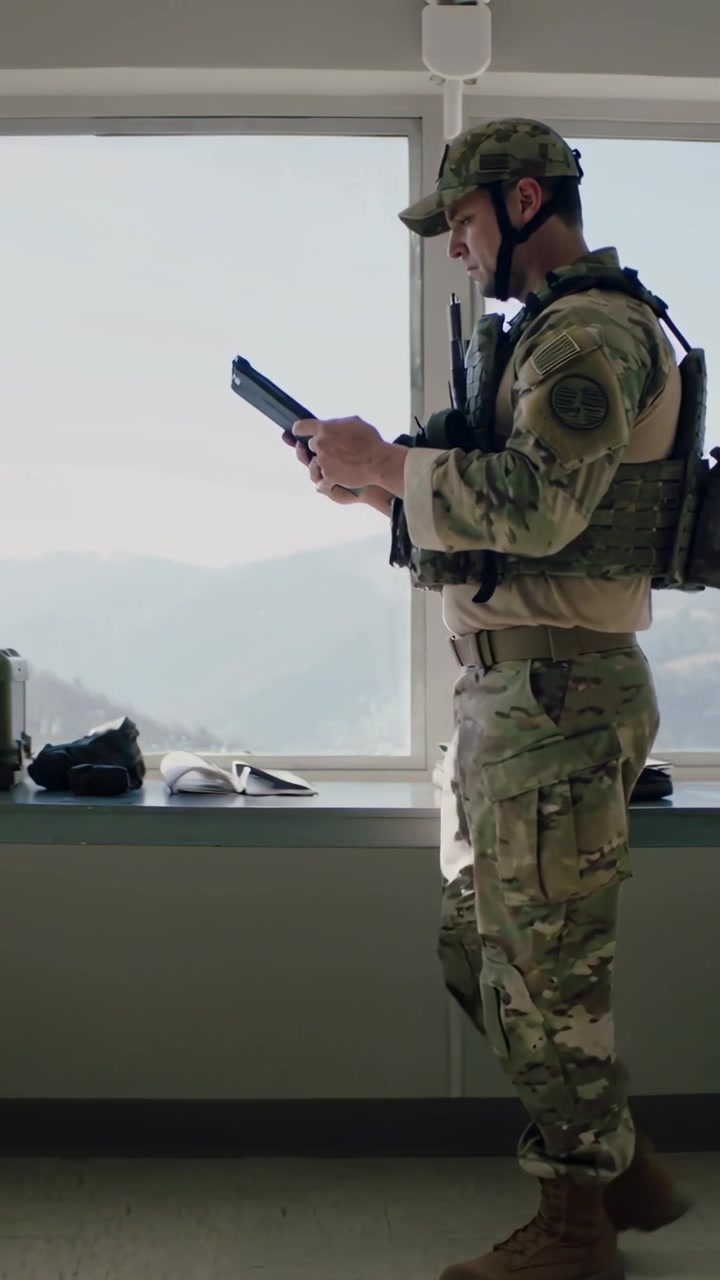 Video verticale: Spostamento, soldato che cammina con calma nella sala operativa, che esamina un tablet in uniforme e giubbotto.