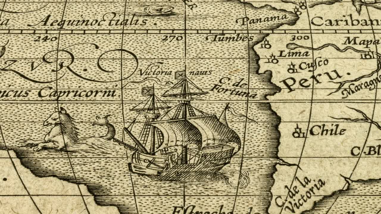 Old Map of Magellan Strait and Mythical Sea Creature
