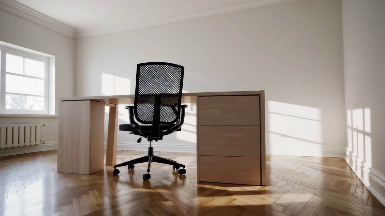 An empty office room with a black ergonomic chair and a light wooden desk