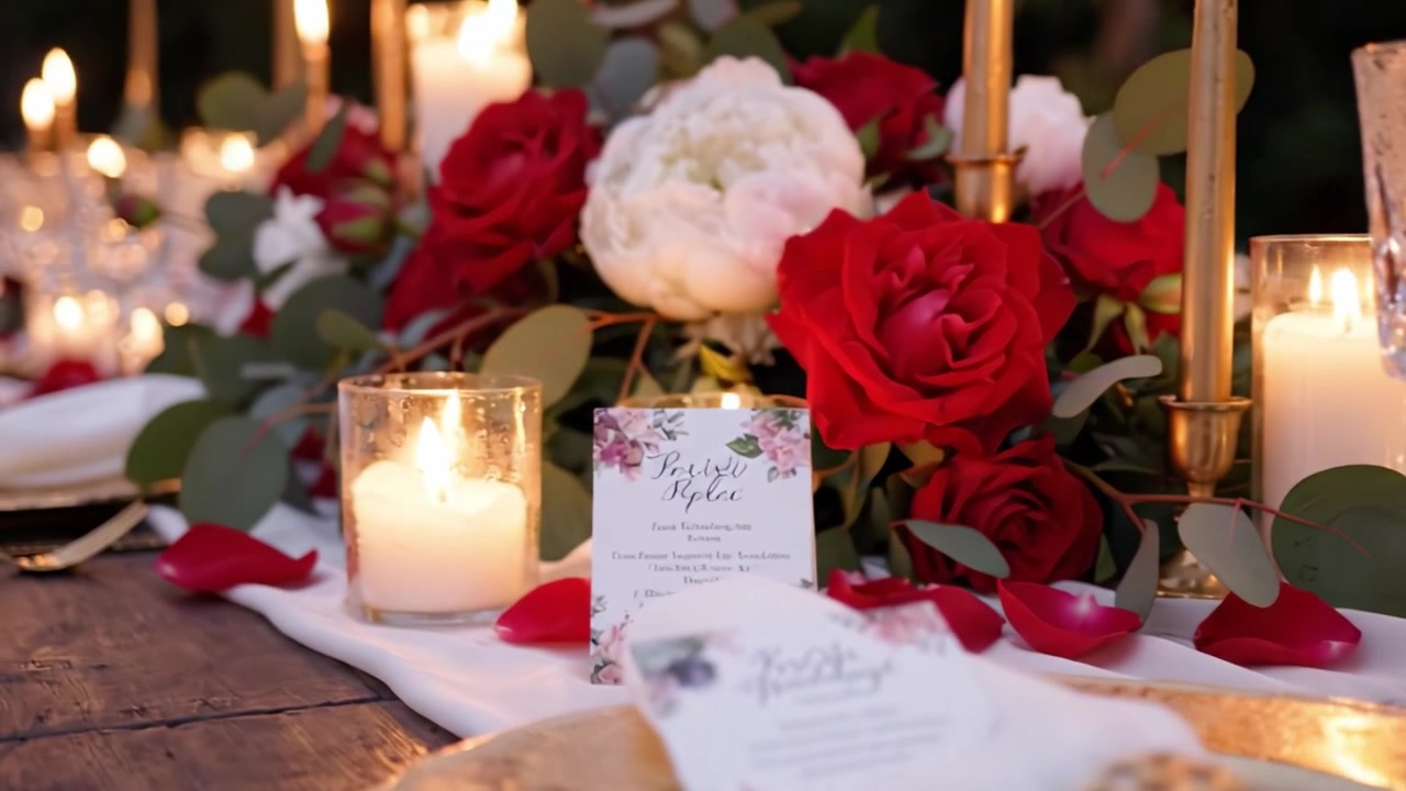 Elegant Dinner Table Decorated with Roses, Candles, and Elegant Tableware for a Romantic Gathering under Twinkling Lights