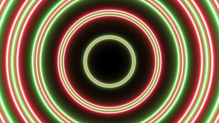 Group of red and green circles seamless loop animation on a dark background. Abstract seamless looped futuristic flight in tunnel motion graphic