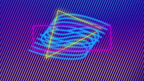 Animation-of-multiple-abstract-neon-shapes-moving-in-hypnotic-motion-on-striped-background