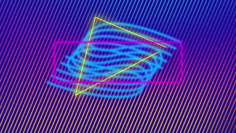 Animación-De-Múltiples-Formas-Abstractas-De-Neón-Moviéndose-En-Movimiento-Hipnótico-Sobre-Fondo-Rayado