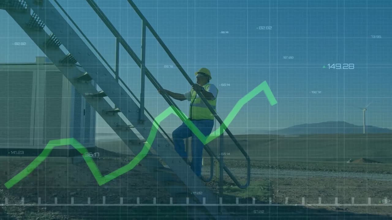 animación de gráficos y procesamiento de datos sobre trabajadores masculinos subiendo escaleras en una central eléctrica