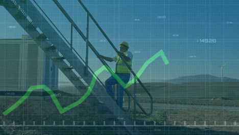 Animación-De-Gráficos-Y-Procesamiento-De-Datos-Sobre-Un-Trabajador-Subiendo-Escaleras-En-Una-Planta-De-Energía