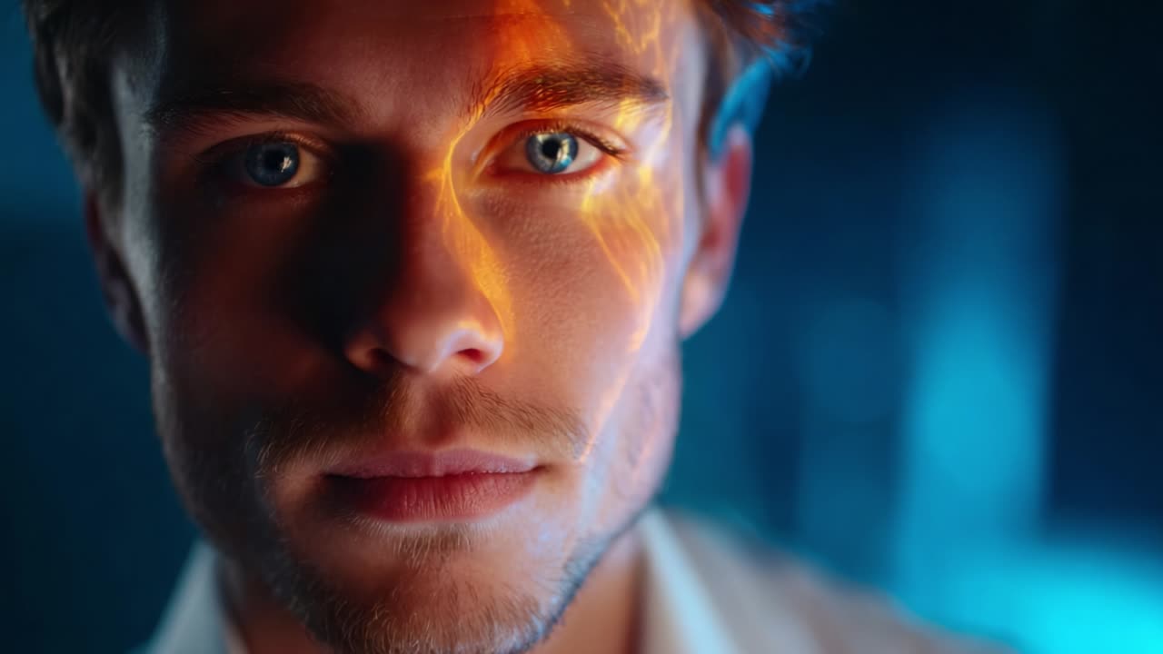 A Captivating Portrait of a Young Man with Intense Gaze and Artistic Light Reflections on his Face, Beautifully Highlighting Features and Emotions in a Dramatic Setting