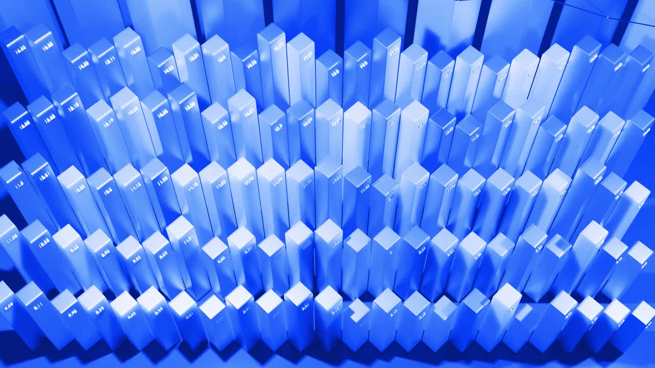 hermoso fondo azul para programas analíticos con infografías abstractas, datos estadísticos. barras, contadores y gráficos. columnas 3d se mueven suavemente arriba y abajo en bucle. fondo financiero