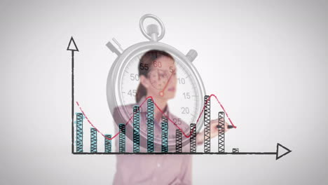 animation of statistics with businesswoman and stopwatch