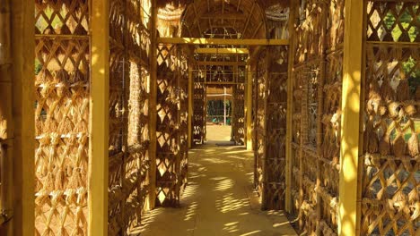 exploring a rice straw house in sunlight