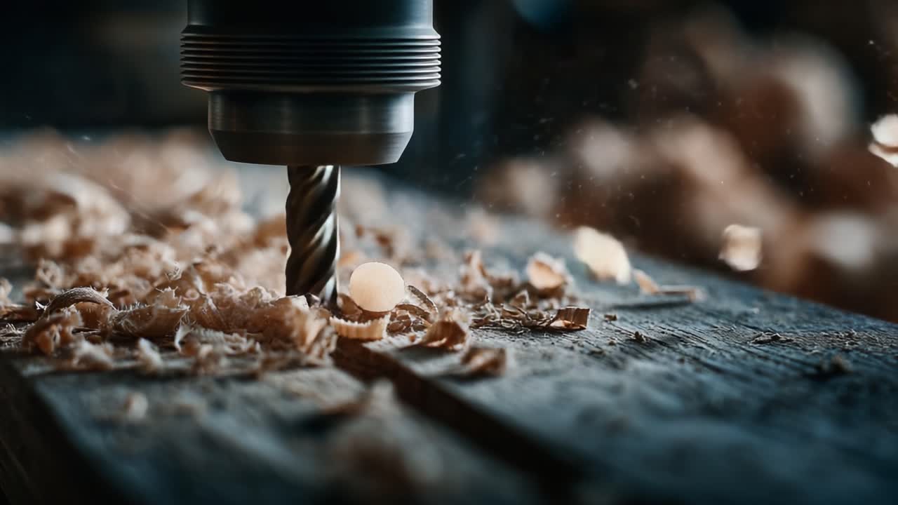 L'Art du Travail du Bois : Gros Plan d'un Foret en Action sur une Surface en Bois avec des Copeaux Volants et des Particules de Poussière dans l'Air, Démontrant Précision et Savoir-Faire