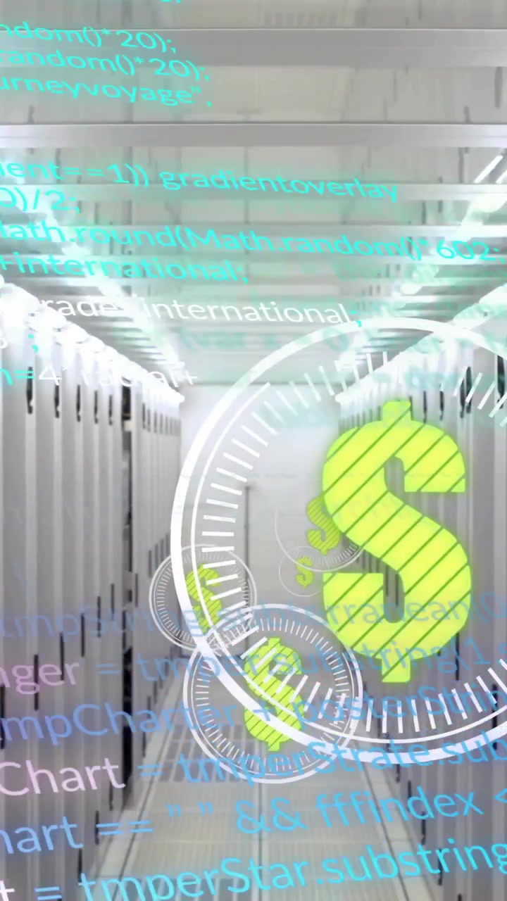 Animazione del simbolo del dollaro, elaborazione dati digitali su server di computer.