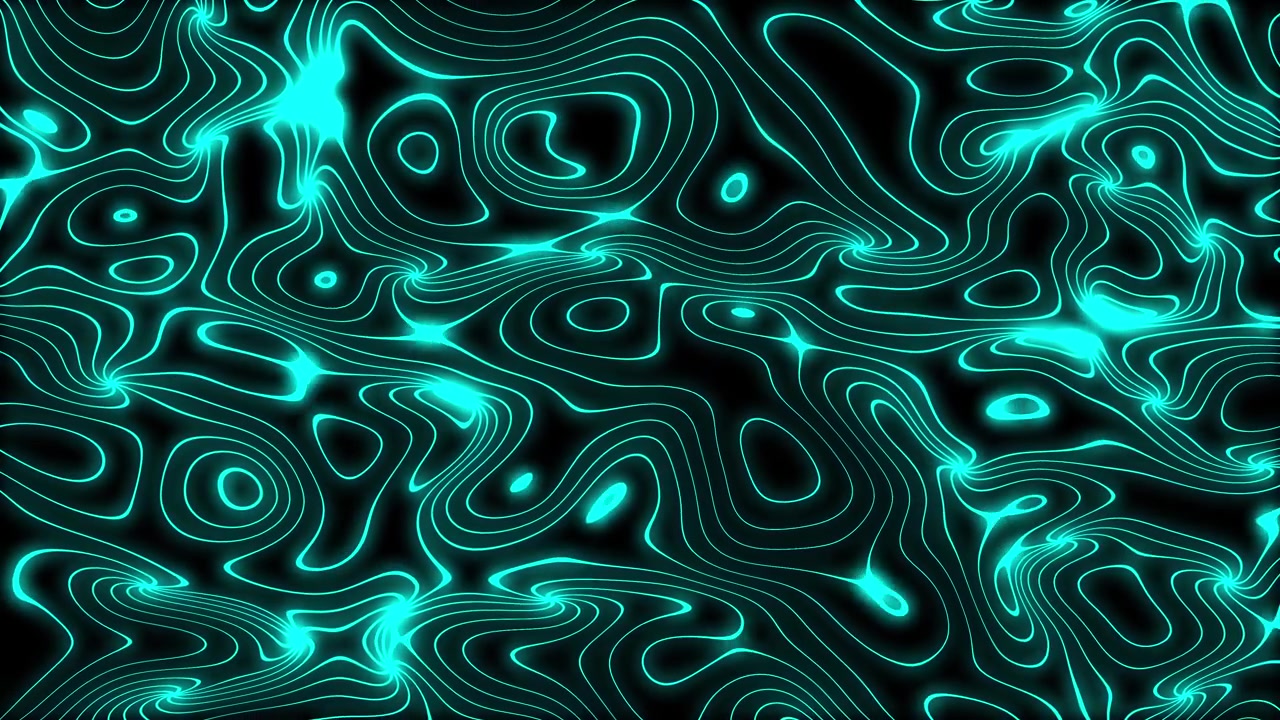 Cyan topographic wavy lines flowing on black background seamless loop
