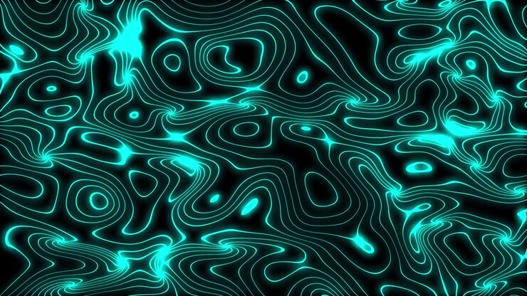 Linhas topográficas onduladas ciano fluindo em fundo preto em loop contínuo.