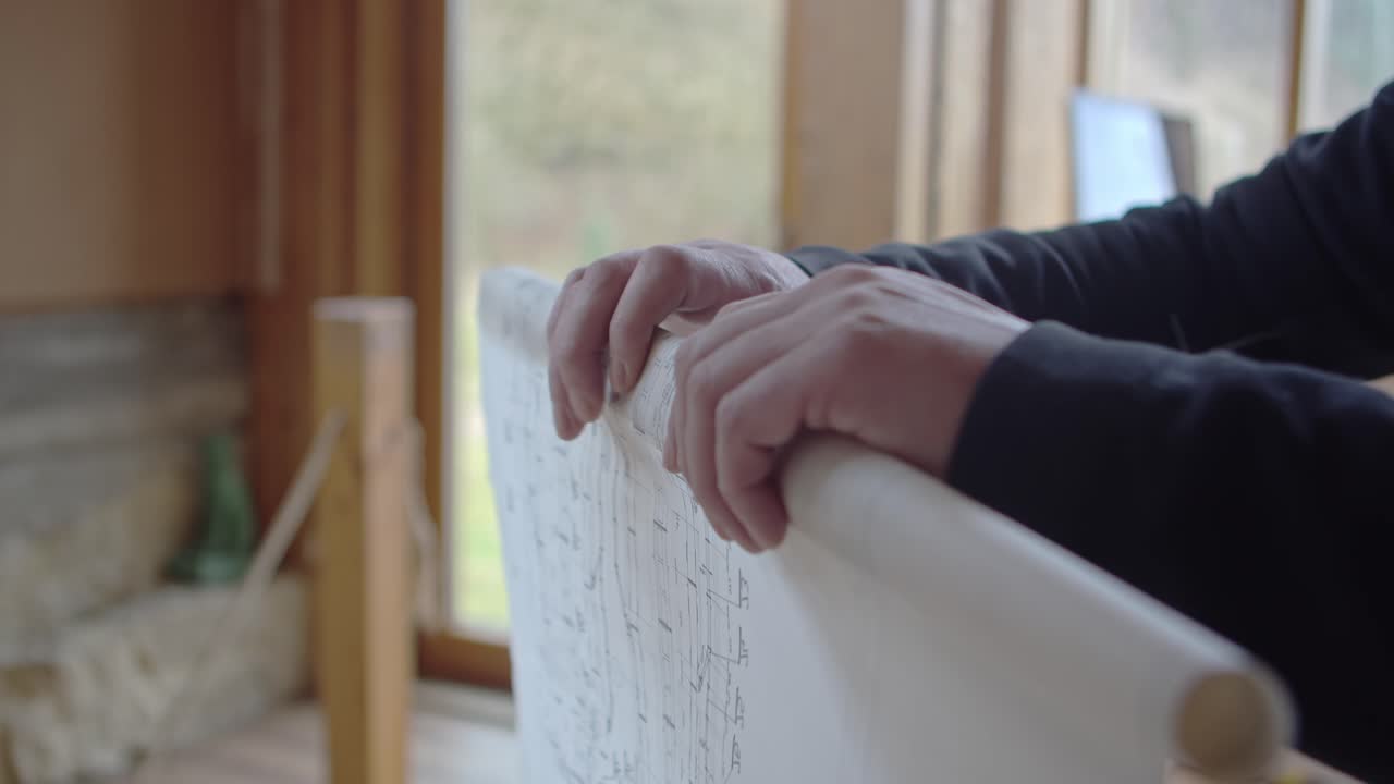 건축가는 트레이싱 페이퍼에 대한 계획을 깔끔한 롤에 넣습니다.