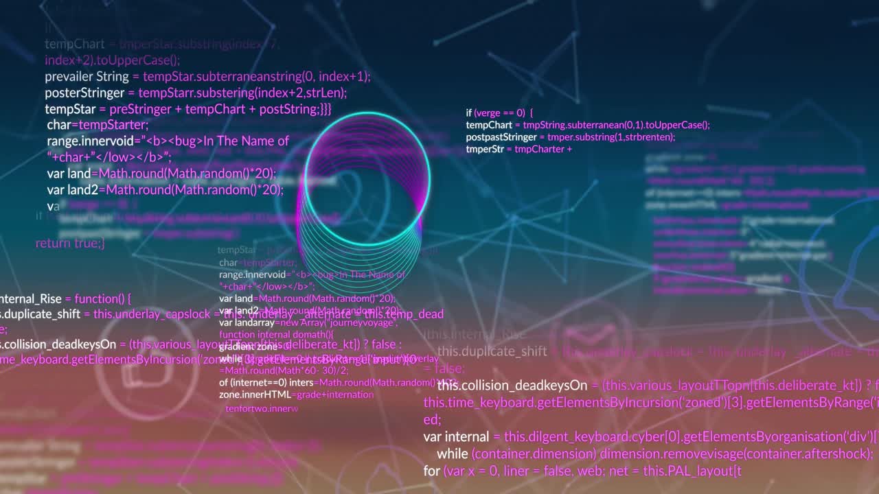Animation of network of digital icons and data processing against gradient background